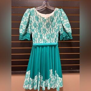 Vintage 1980s Marco Modes Lace Fit & Flare Dress | Teal White Sz 8 Made in USA